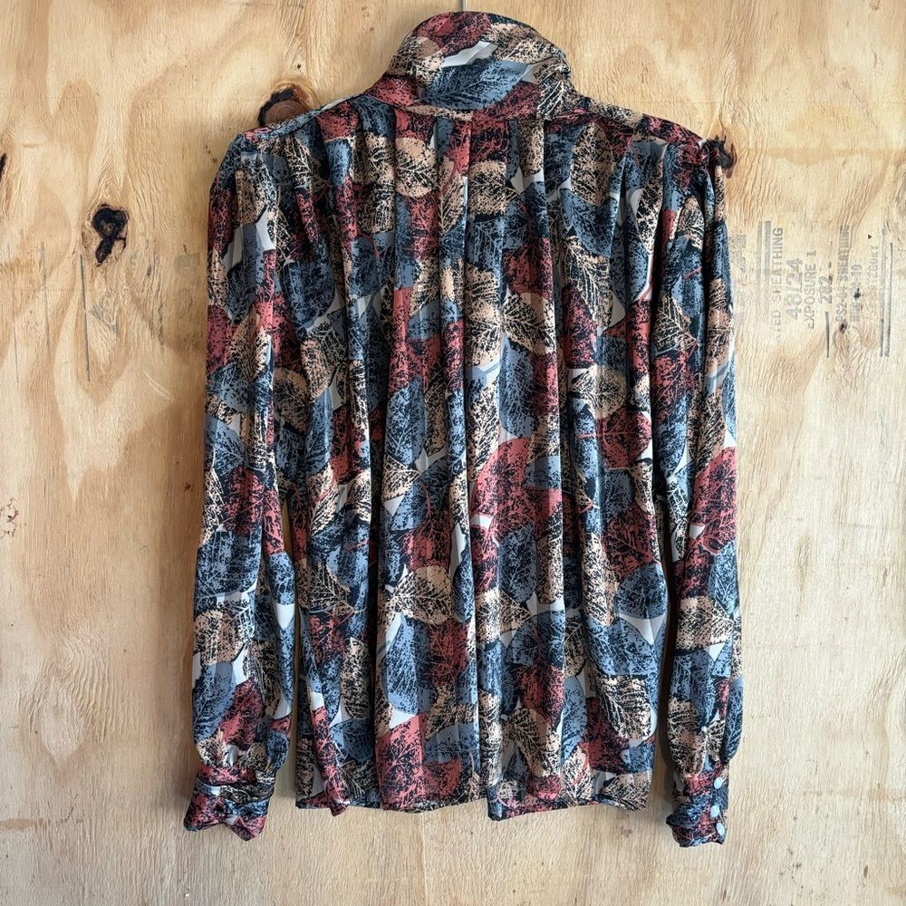 Vintage 70s Tess Satin Multicolored High Neck Leaf Print Draped Blouse Sz 8